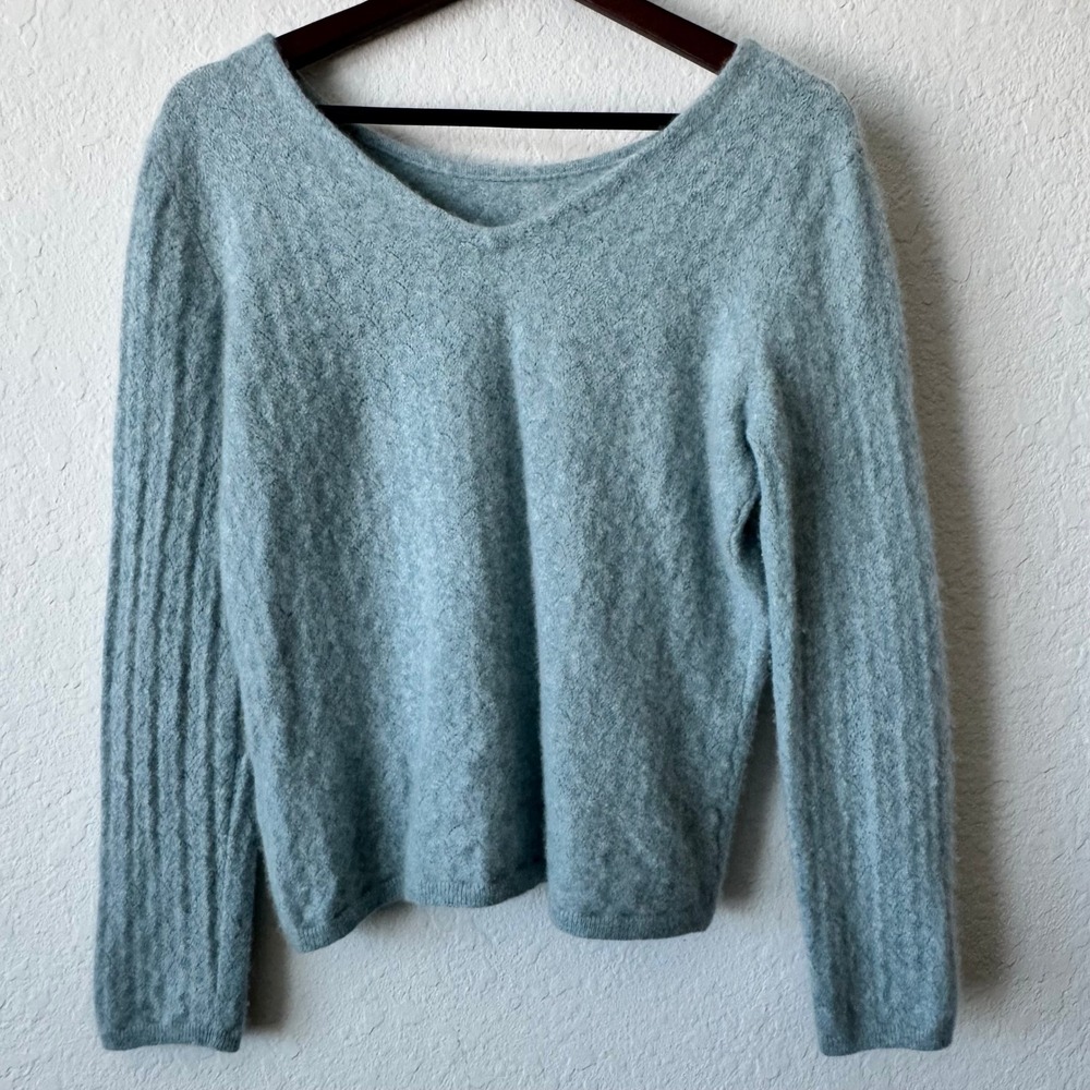 Garnet Hill Womens Light Blue 100% Cashmere V-Neck Textured Knit Sweater NS
